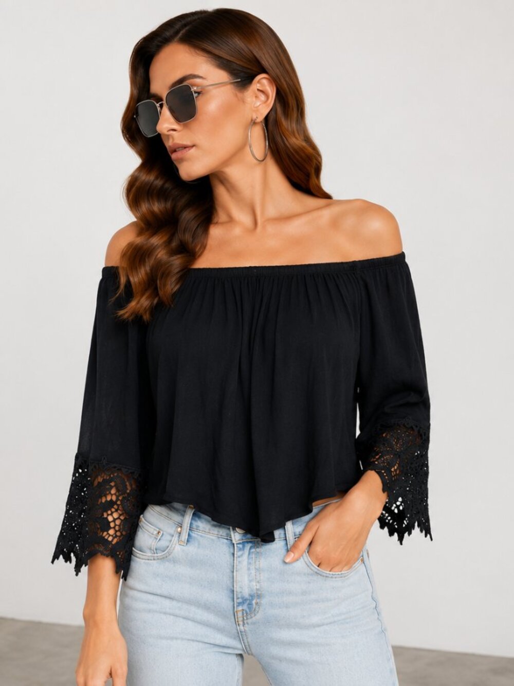 Black Boho Lace Sleeve Off Shoulder Blouse NWT